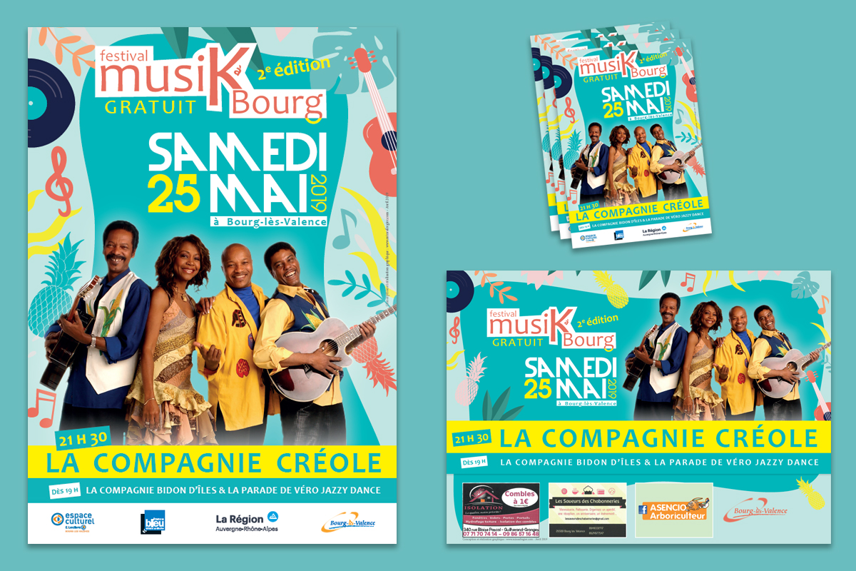 Kit visuel de communication événementielle pour le Festival de musiques MusiKàBourg de la Ville de Bourg-Lès-Valence - édition 2019