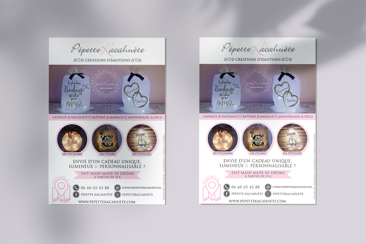 Création d'un flyer de notoriété pour Pepette Kacahuète artisan d'objets décoratifs personnalisés et lumineux à Valence dans la Drôme
